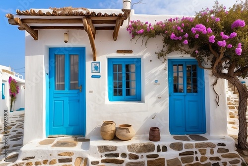 Greek traditional whitewashed home on Mykonos with blue windows and doors