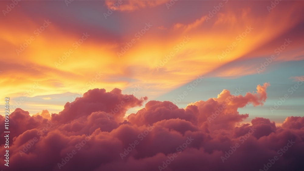 A dramatic and colorful sunset sky with layers of clouds in shades of orange, pink, and purple A dramatic and colorful sunset sky with layers of clouds in shades of orange, pink, and purple