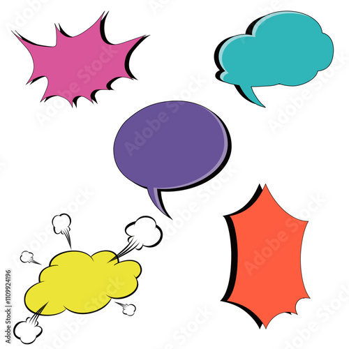 A collection of colorful comic style speech bubbles in various shape and size. Perfect for pop art designs,comic book, social media and creative text designs.