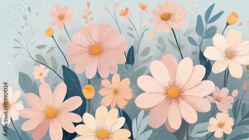 Colorful floral illustration featuring various flowers and leaves against a soft blue background