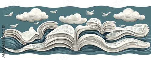 An open book with pages flowing like waves, surrounded by clouds and birds, symbolizing knowledge.
