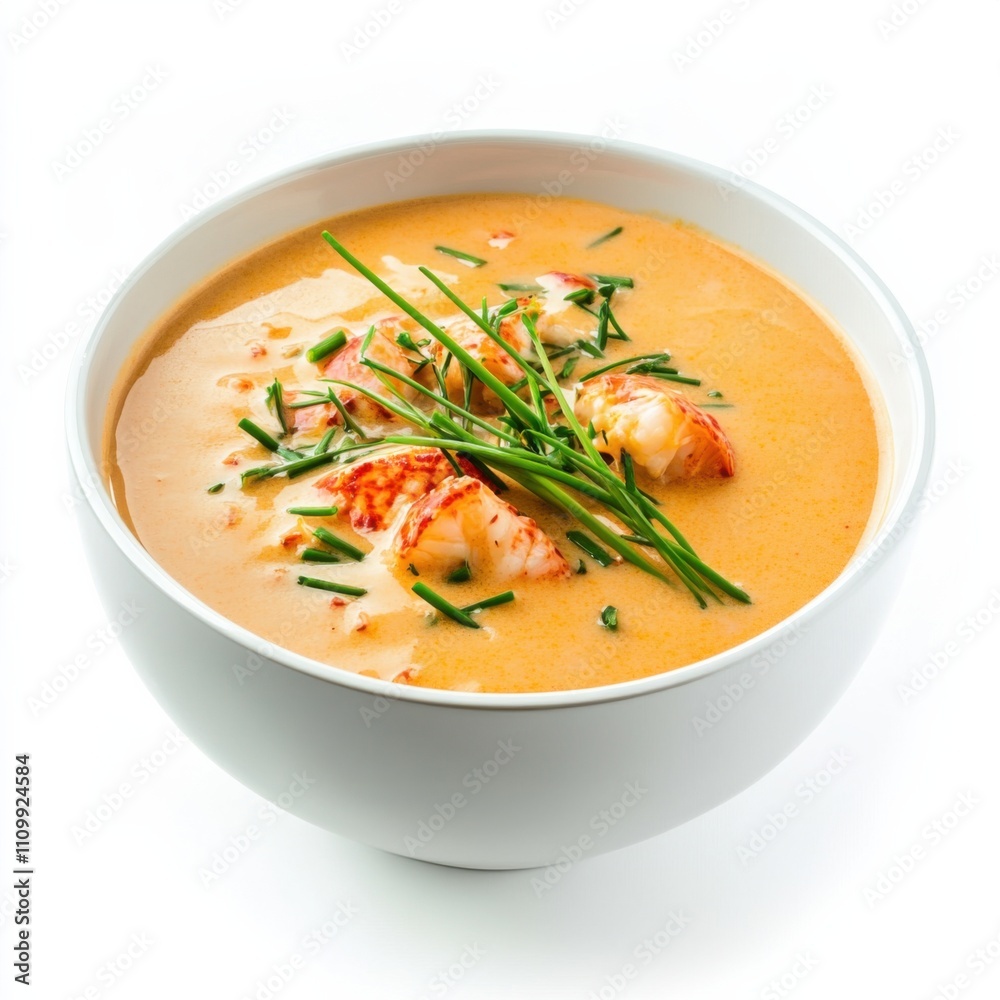 A bowl of creamy lobster bisque garnished with chives, isolated white background, abstract art style A bowl of creamy lobster bisque garnished with chives, isolated white background, abstract art style
