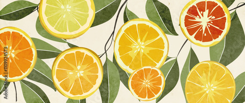 Art background with citrus fruits orange, pomelo, grapefruit, lemon, and tree leaves with watercolor texture in modern style. Botanical banner for wallpaper, print, interior, packaging