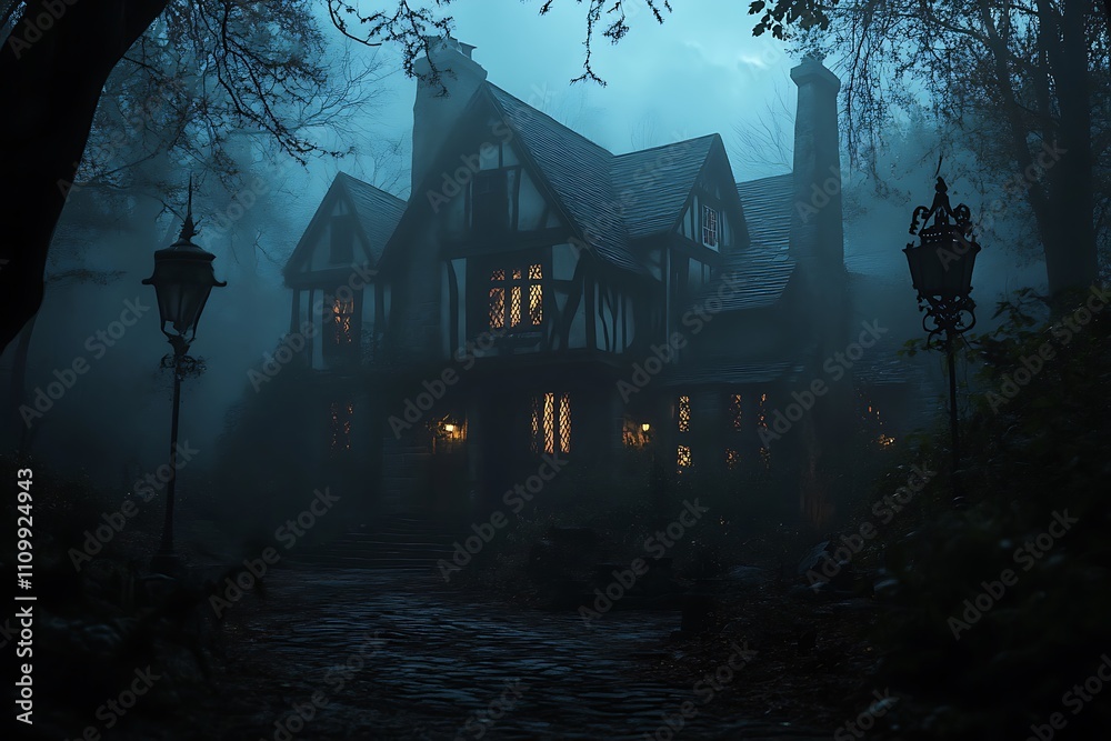 A mysterious, fog-covered mansion with glowing windows and an eerie atmosphere. A mysterious, fog-covered mansion with glowing windows and an eerie atmosphere.