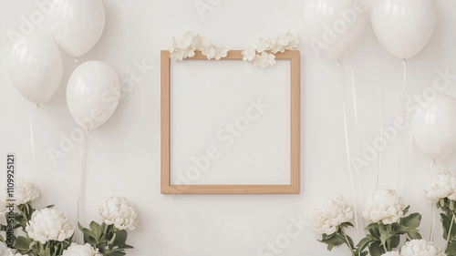 White wall or background with floral arrangements and balloons, rustic wooden sign hanging with copy space