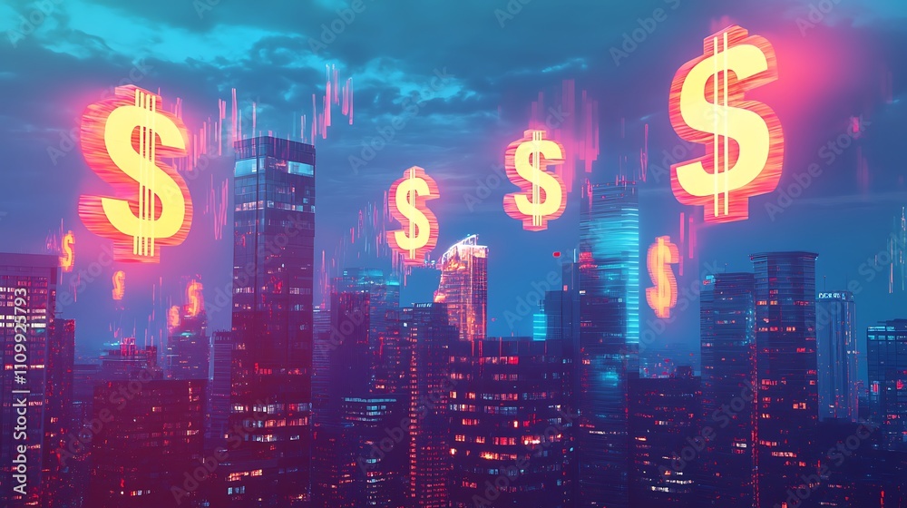 Glowing dollar signs float over a vibrant cityscape at night, symbolizing financial growth and investment opportunities. Glowing dollar signs float over a vibrant cityscape at night, symbolizing financial growth and investment opportunities.