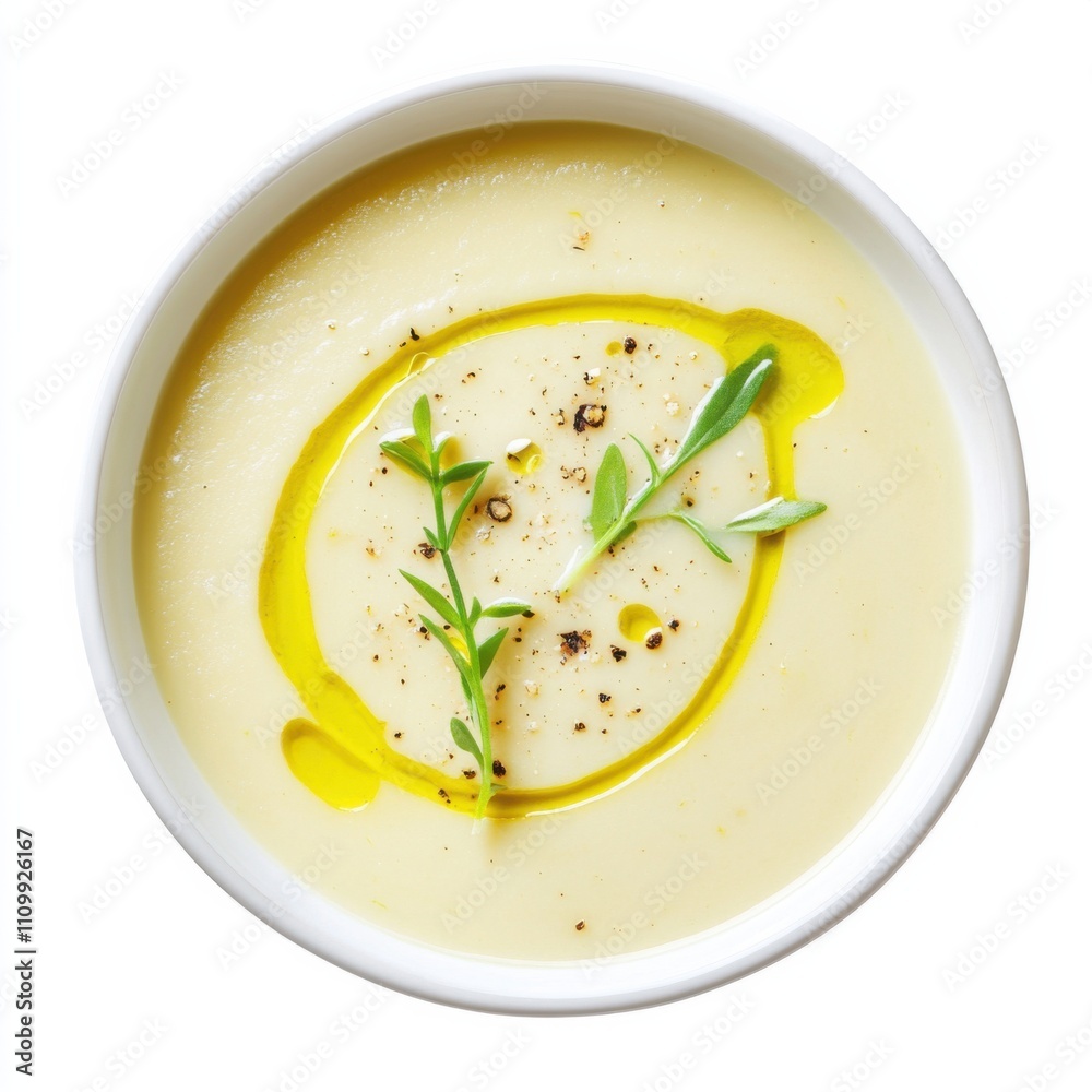 A bowl of creamy potato leek soup with a drizzle of olive oil, isolated white background, minimalist art style A bowl of creamy potato leek soup with a drizzle of olive oil, isolated white background, minimalist art style