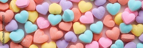 Colorful Heart Shaped Candies in Soft Pastel Shades, Perfect for Sweet Treats and Celebrations, Background Ideal for Seasonal Designs and Gourmet Displays