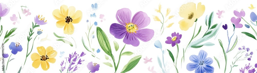 Fototapeta premium A colorful arrangement of various flowers in a delicate watercolor style.