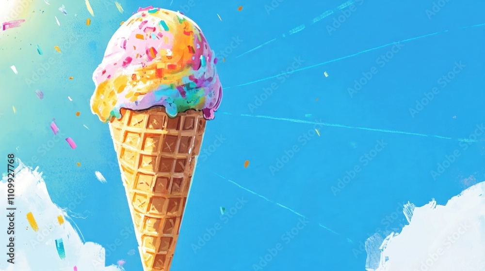 A colorful ice cream cone against a bright blue sky, evoking joy and summer vibes.
