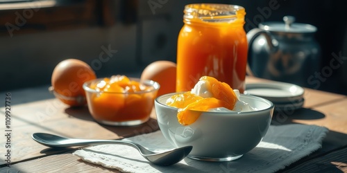 A bowl of yogurt topped with a sweet and tangy orange marmalade, accompanied by a jar of the same spread and a bowl of the marmalade, resting on a rustic wooden table with a white cloth napkin photo