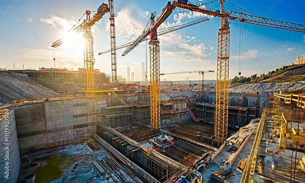 A construction site with cranes, showcasing ongoing building activities and urban development.
