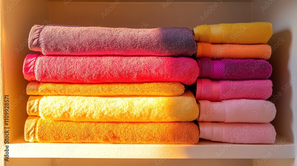 Colorful stacks of neatly folded bath towels on a shelf, illuminated by sunlight. Colorful stacks of neatly folded bath towels on a shelf, illuminated by sunlight.