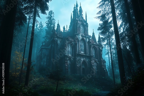 A gothic-style building shrouded in mist, surrounded by dense forest. photo