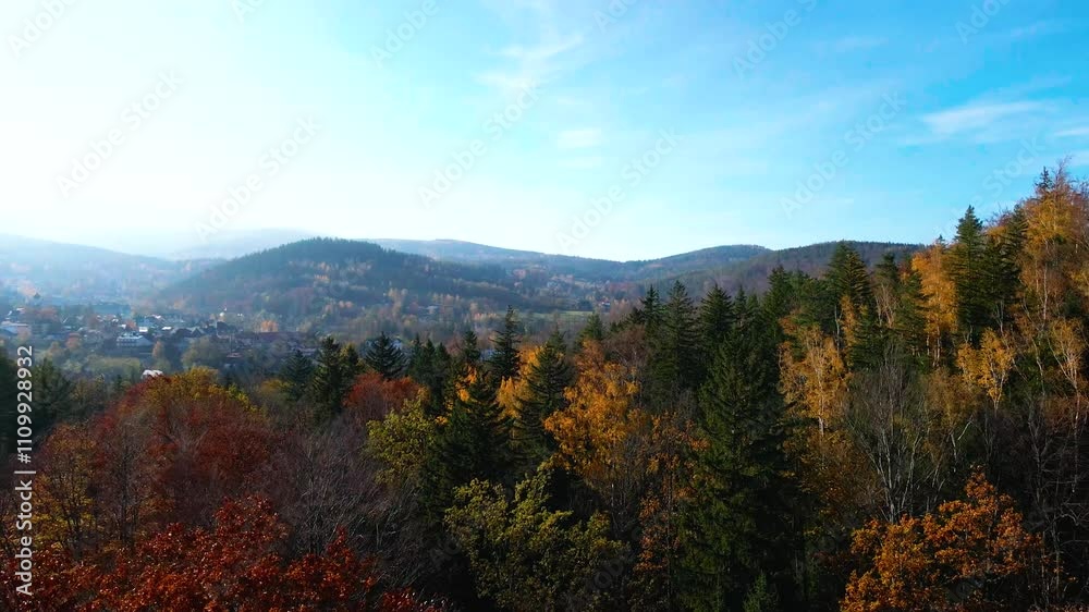 drone flight over tourist area mountains forest autumn Karpacz Poland drone flight over tourist area mountains forest autumn Karpacz Poland