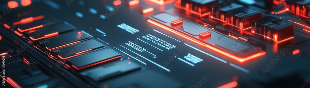 A close-up of a futuristic electronic circuit board with glowing elements. A close-up of a futuristic electronic circuit board with glowing elements.