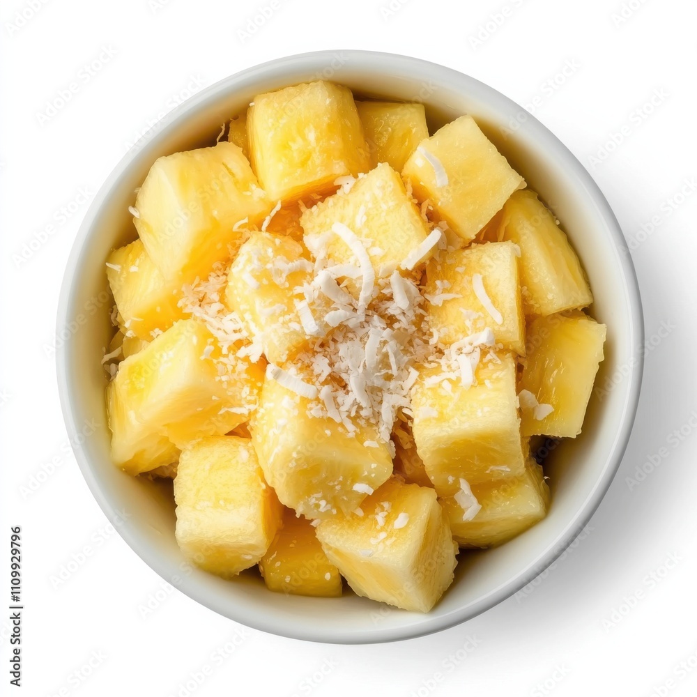 A bowl of fresh pineapple chunks with a sprinkle of coconut flakes, isolated white background, modern art style A bowl of fresh pineapple chunks with a sprinkle of coconut flakes, isolated white background, modern art style