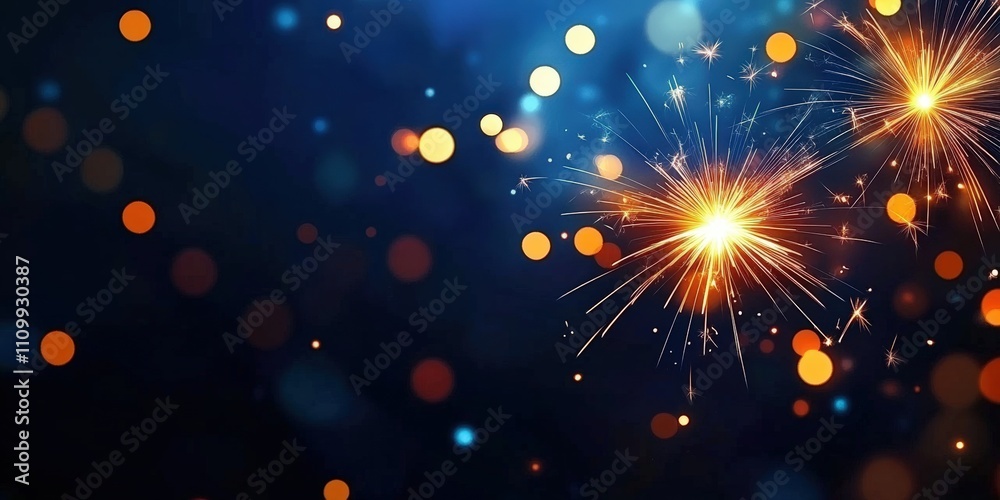 Vibrant Blue Bokeh Background with Golden Fireworks Celebrating New Year's Eve in a Festive Atmosphere Vibrant Blue Bokeh Background with Golden Fireworks Celebrating New Year's Eve in a Festive Atmosphere