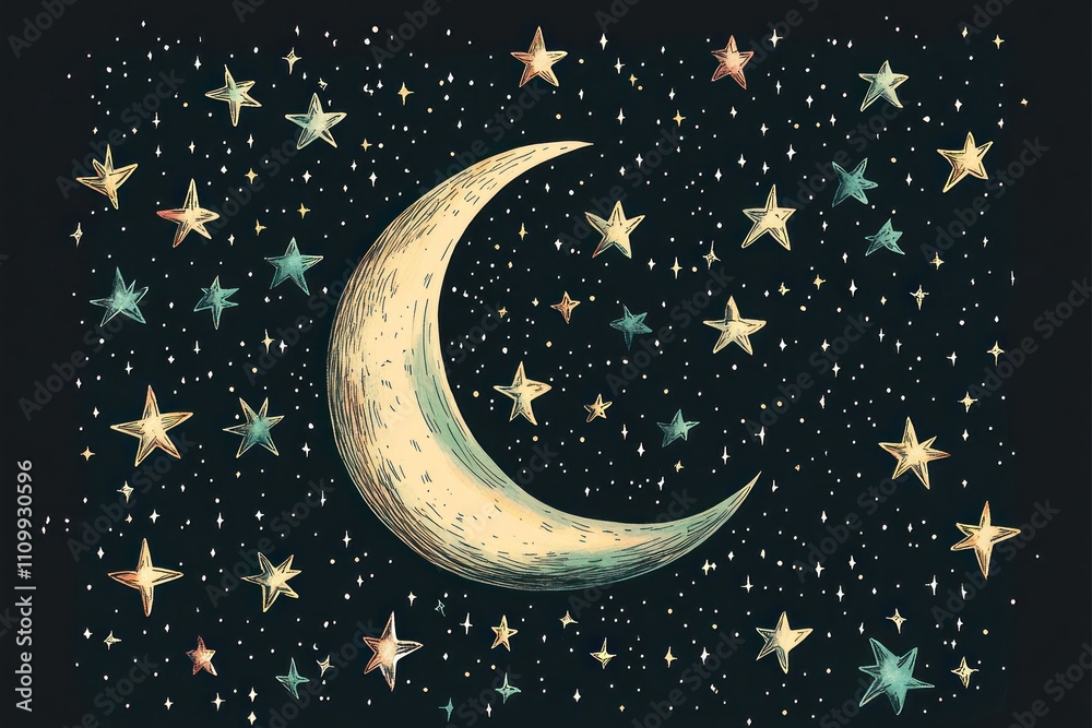 Naklejka premium A whimsical illustration of a crescent moon surrounded by colorful stars against a dark sky.