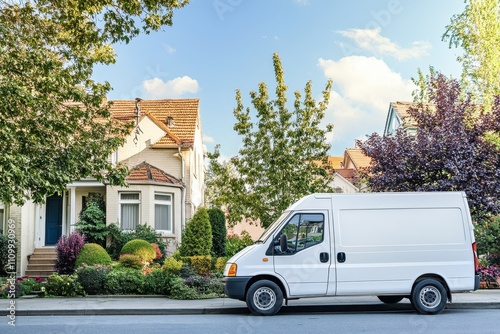 A clean white delivery van parked in front of a charming suburban house, surrounded by lush greenery and well-maintained gardens under a bright blue sky.