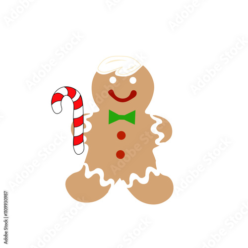 Gingerbread cookie with new hairstyle and candy cane in christmas