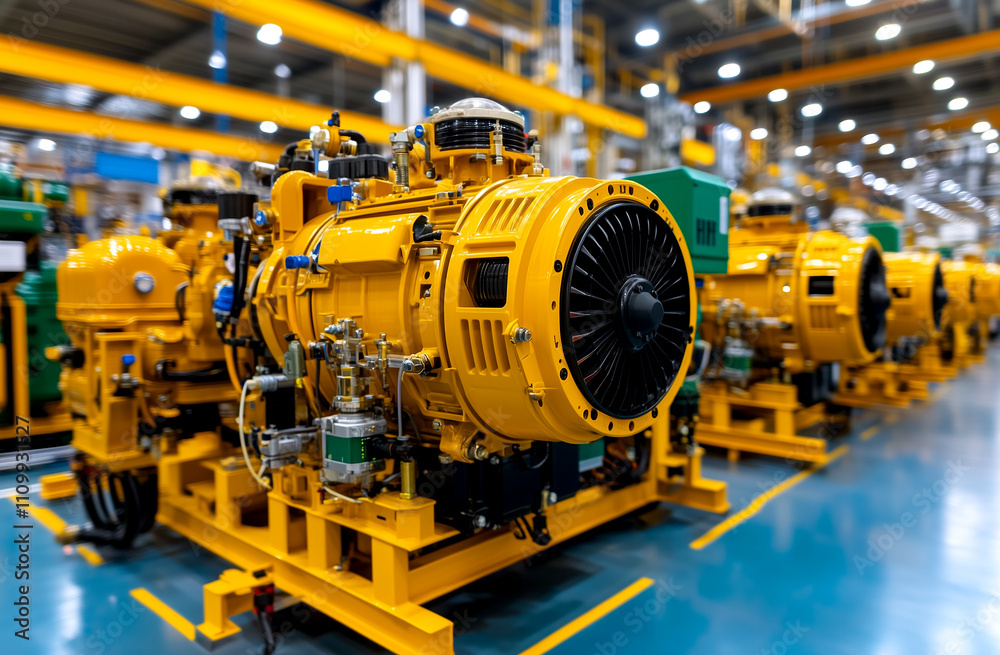 A row of yellow engines are on a production line. The engines are in a factory A row of yellow engines are on a production line. The engines are in a factory