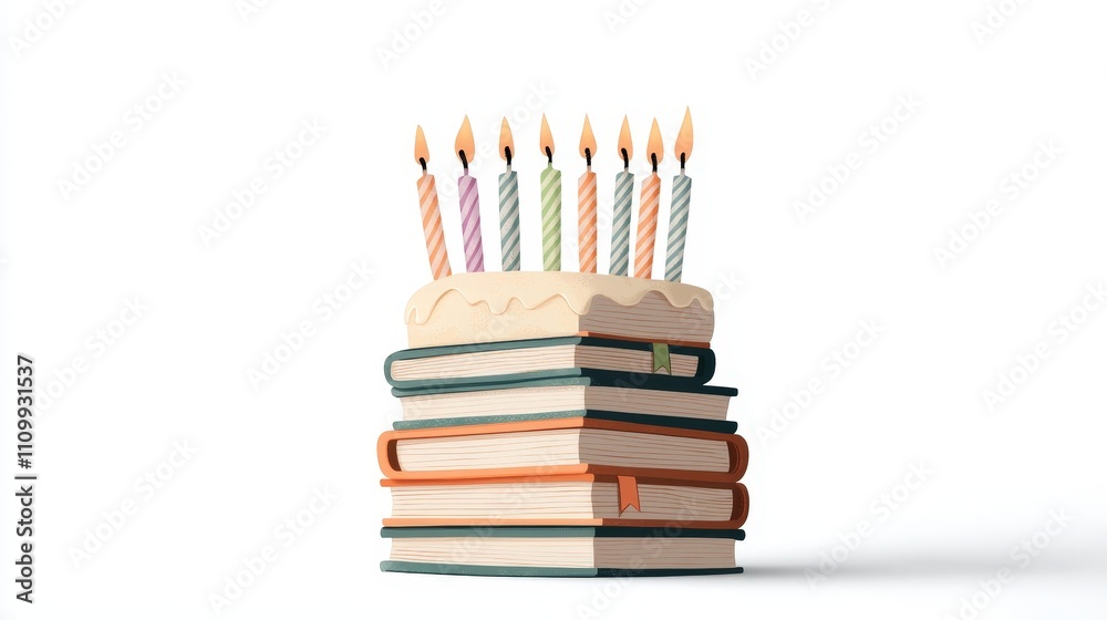 Stack of Colorful Books with a Birthday Cake and Candles on Top Against a White Background Stack of Colorful Books with a Birthday Cake and Candles on Top Against a White Background