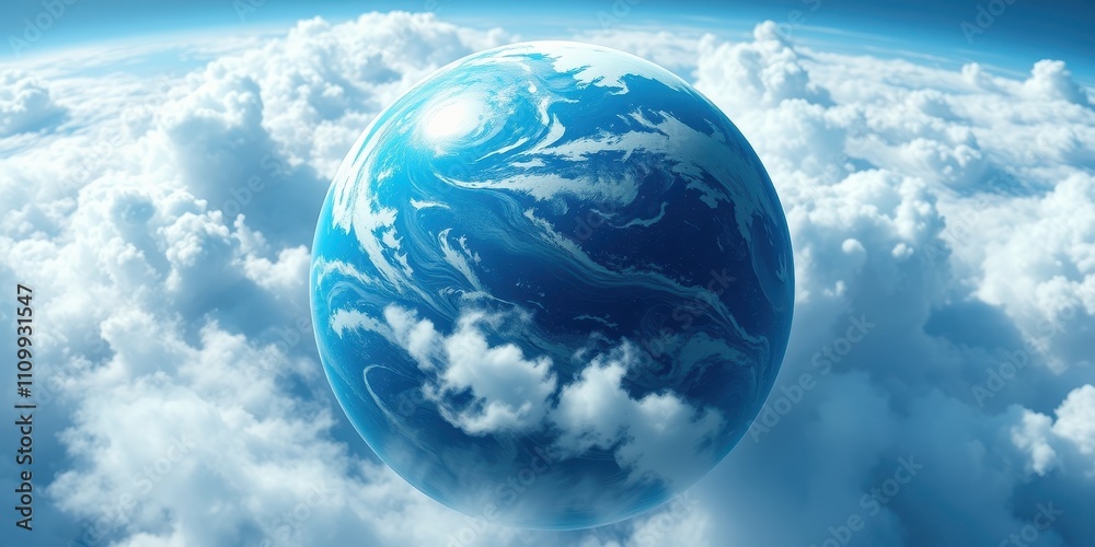 A celestial orb with swirling blue and white patterns, suspended in a vast expanse of fluffy white clouds, resembling a dreamlike vision of an unknown planet. A celestial orb with swirling blue and white patterns, suspended in a vast expanse of fluffy white clouds, resembling a dreamlike vision of an unknown planet.