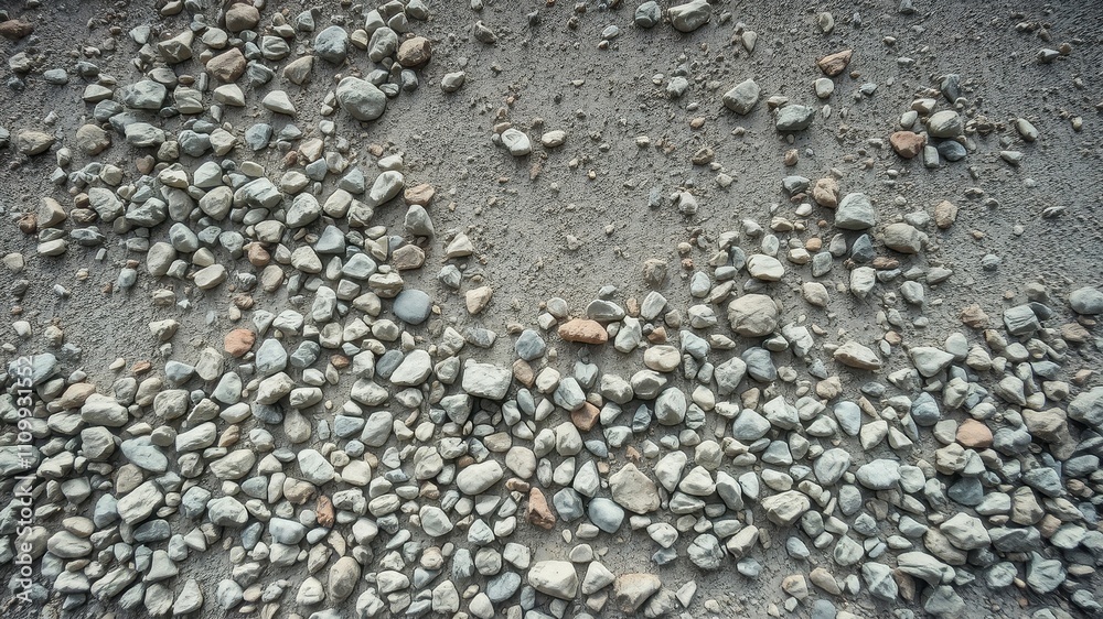A close-up shot of a textured surface composed of irregularly shaped, smooth stones embedded in a layer of fine grey gravel.