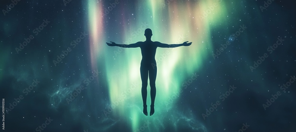 Fototapeta premium Soul moksha with aurora light. Religion belief faith worship. Generative AI technology.