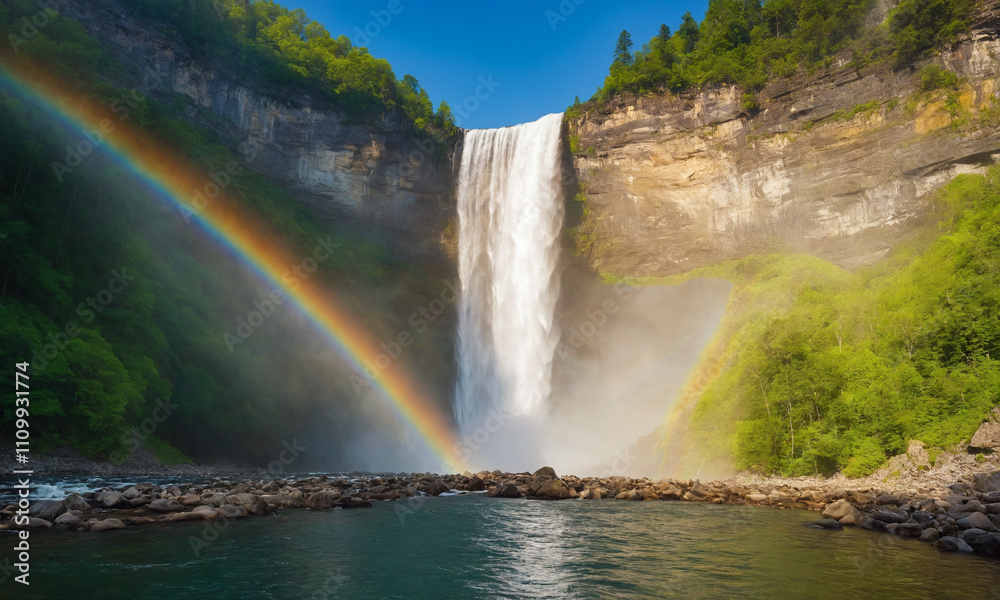 Fototapeta premium 멋진 폭포 무지개 시원한 풍경