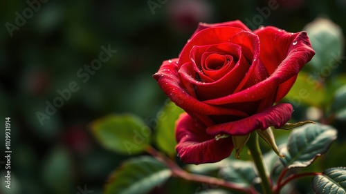 A velvety red rose with water droplets, blooming against a backdrop of lush green foliage.