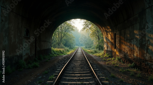 Mysterious Railway Track Disappearing into Dark Mountain Tunnel Surrounded by Dense Forest Landscape