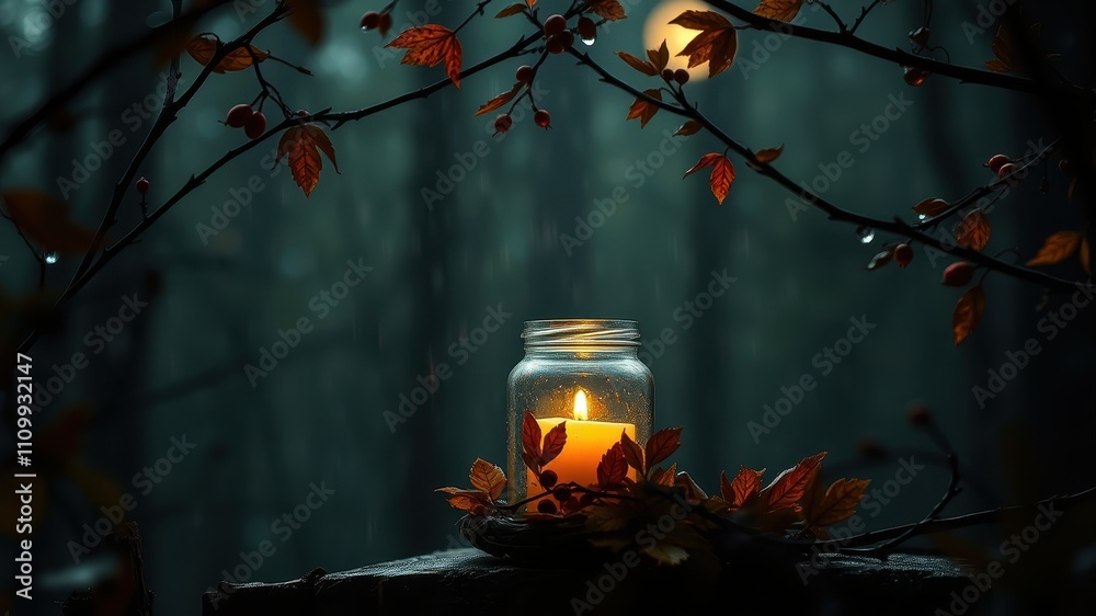 A single candle glows in a glass jar surrounded by autumn leaves in the midst of a rain-soaked forest. A single candle glows in a glass jar surrounded by autumn leaves in the midst of a rain-soaked forest.