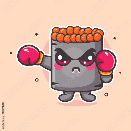 serious ikura sushi food character mascot playing boxing sport isolated cartoon