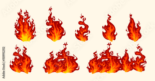 Fire borders, flame, blazing dividers, hot flaming, wildfire campire and ignite element vector illustration set. Red burning collection isolated on background.