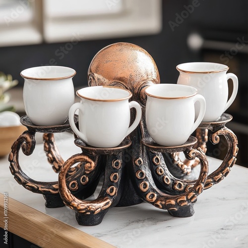 Copper octopus coffee cup holder with four espresso cups. photo