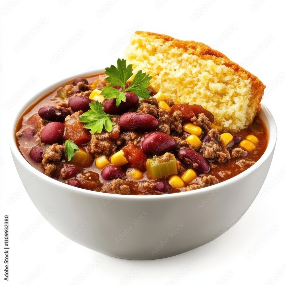 A bowl of hearty beef chili with beans and cornbread, isolated white background, hyperrealism art style