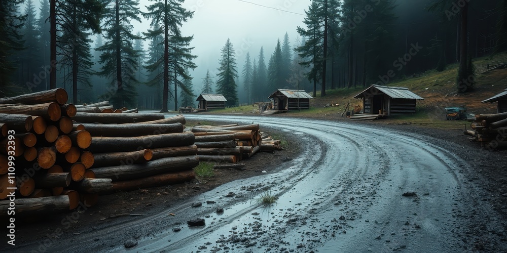 A winding dirt road through a misty forest, lined with stacks of cut logs and rustic wooden cabins, reveals a sense of serenity and solitude A winding dirt road through a misty forest, lined with stacks of cut logs and rustic wooden cabins, reveals a sense of serenity and solitude