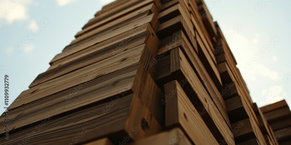 A stack of wooden planks reaching towards the sky, forming a unique geometric pattern with natural textures and variations in color. A stack of wooden planks reaching towards the sky, forming a unique geometric pattern with natural textures and variations in color.