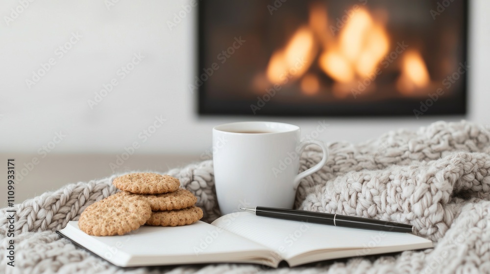 Cozy Setting with Snacks and Journal by the Fireplace Cozy Setting with Snacks and Journal by the Fireplace