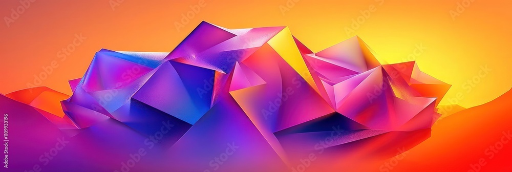 A vibrant abstract landscape with geometric shapes illuminated by a colorful gradient. A vibrant abstract landscape with geometric shapes illuminated by a colorful gradient.