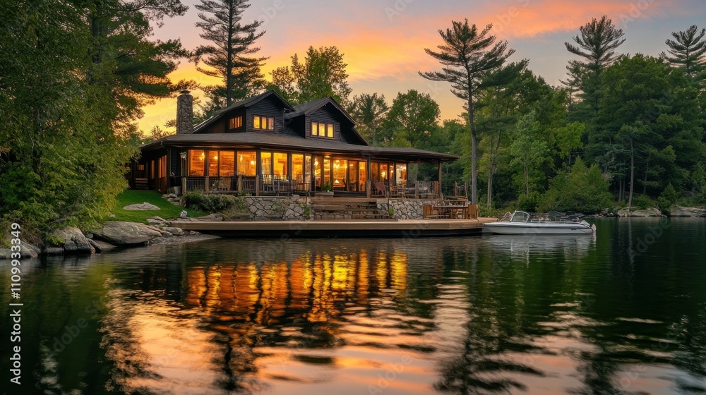 Fototapeta premium Cozy lakefront cabin with dock reflecting a warm sunset