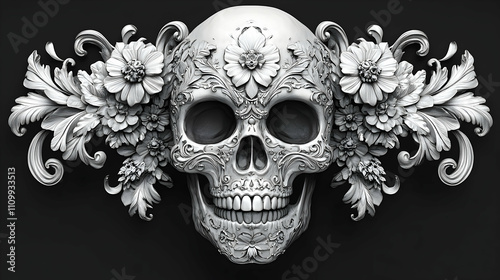 Intricate floral skull artwork art studio sculpture modern environment close-up view conceptual aesthetics for creative expression