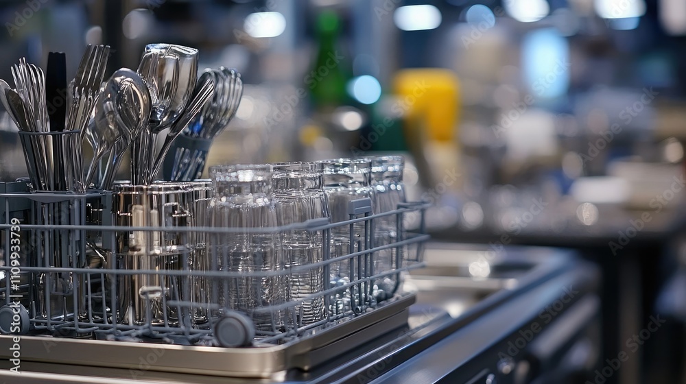 Clean Cutlery and Glassware in a Modern Kitchen Dishwasher Rack Clean Cutlery and Glassware in a Modern Kitchen Dishwasher Rack