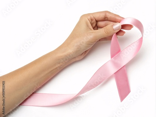 Female hand holding a pink awareness ribbon for breast cancer