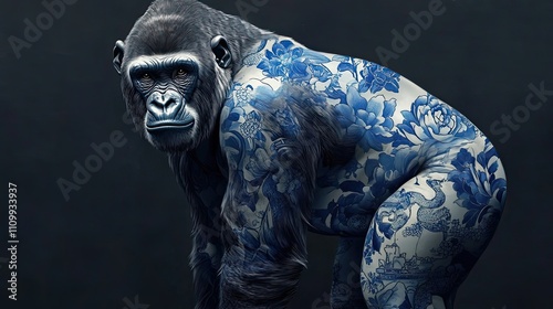 Gorilla Adorned With Blue And White Floral Porcelain Design photo