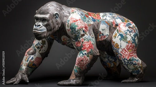 Ornate Gorilla Sculpture Adorned With Asian Floral Designs photo