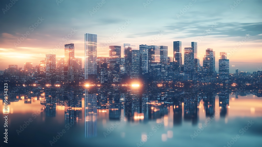 Fototapeta premium Stunning cityscape reflected in calm water at sunset.