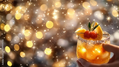 A cozy holiday gathering scene with golden and silver lights softly glowing in the background. A festive drink garnished with fresh fruit is held in the foreground. photo